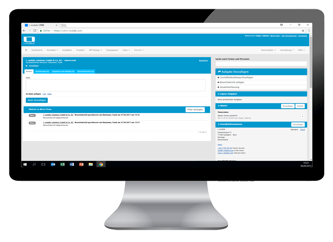 Mobiler Vertrieb - L-mobile CRM & sales - Stärken Sie Ihre Kundenbeziehungen - Die flexible L-mobile sales Lösung Desktop Softwareoberfläche L-mobile mobile Softwarelösungen Produkt Mobiler Vertrieb sales Bildschirm