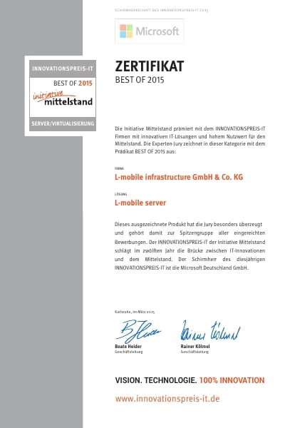 Zertifikat “BEST OF 2015″ – innovative IT-Lösung mit hohem Nutzwert für den Mittelstand