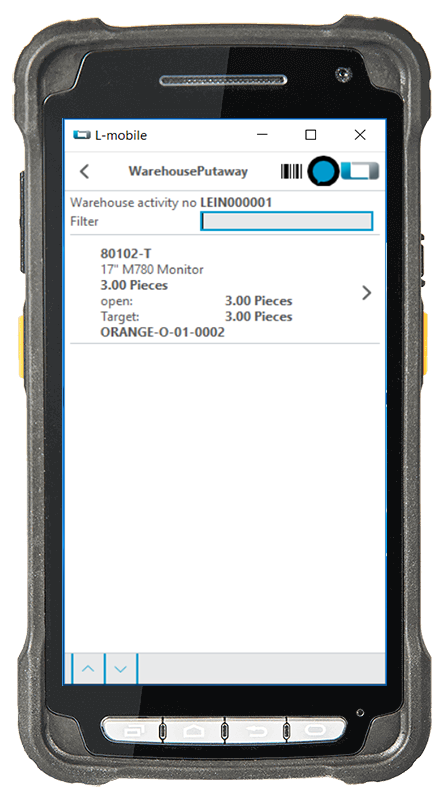 L-mobile Digitalisierte Lagerlogistik L-mobile ready for MS Dynamics Erweiterungsmodul Einlagerung mobile Oberfläche