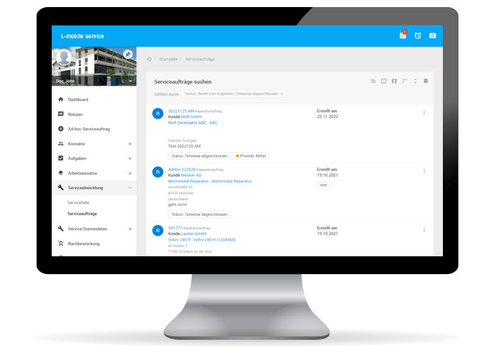 L-mobile service, digitale Auftragsbearbeitung, Field Service Management Software, Übersicht über Installations-, Wartungs- und Reparaturauftrag, Auftragsverwaltung