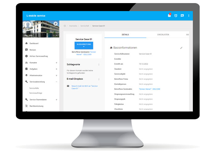 L-mobile service, Auftragsmanagement, Field Service Management Software, Details für Servicefall im Kundensupport, Verwaltung von Wartungs- und Reparaturaufträgen