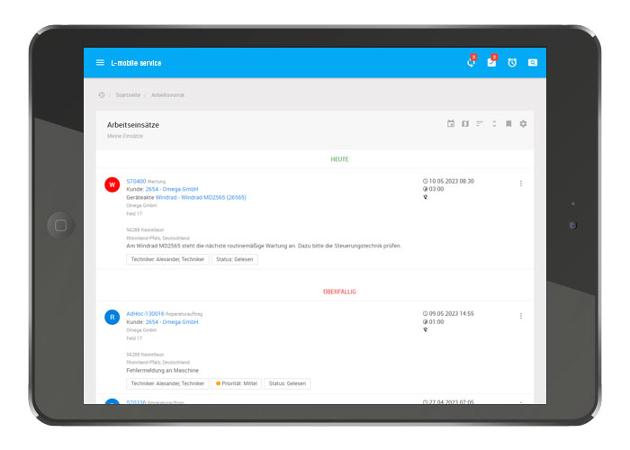 L-mobile service, Serviceeinsatz Software, Servicetechniker App, Dashboard, Auftragsvorrat