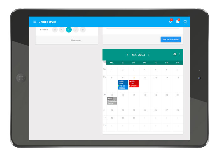 L-mobile service, Serviceeinsatz Software, Servicetechniker App, Dashboard, Kalender