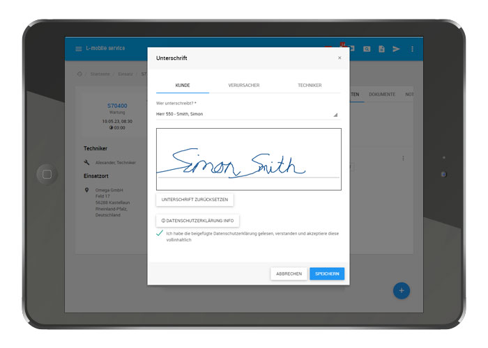 L-mobile service, Serviceeinsatz Software, Servicetechniker App, digitaler Servicebericht, digitale Unterschrift Kunde