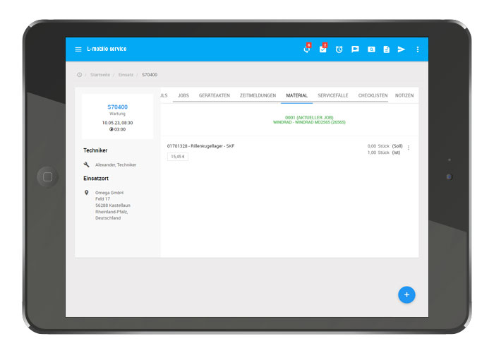 L-mobile service, Serviceeinsatz Software, Servicetechniker App, verbrauchtes Material erfassen, mobile Datenerfassung,