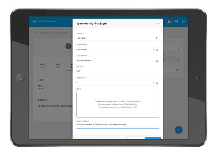 L-mobile service, Serviceeinsatz Software, Servicetechniker App, Spesen erfassen, mobile Datenerfassung