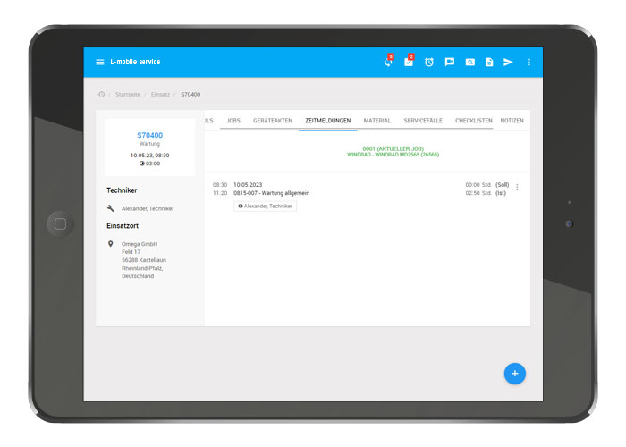 L-mobile service, Serviceeinsatz Software, Servicetechniker App, mobile Zeiterfassung, Arbeitszeiten erfassen, Übersicht Zeitmeldung, mobile Datenerfassung