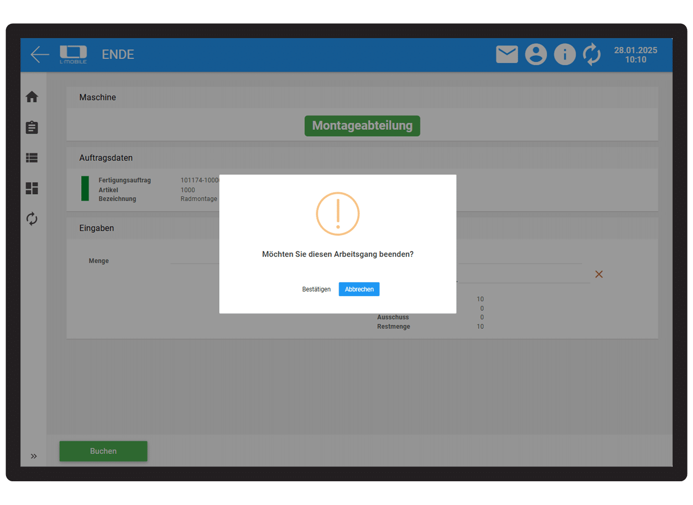 Wenn ein Arbeitsgang beendet wird, erfordert die BDE für Business Central bzw. MS Dynamics NAV / Navision eine zusätzliche Bestätigung.