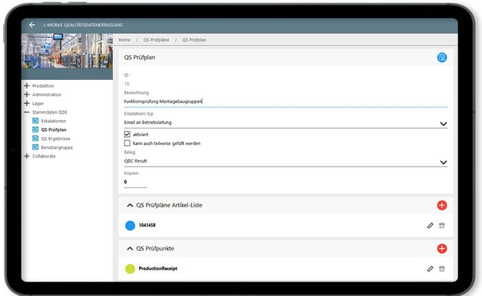 qualitatesdatenerfassung-pruefplan-700 Übersicht eines QS-Prüfplans in der Qualitätsdatenerfassung (QDE) mit Artikelauswahl, definierten Prüfpunkten und Prüfschritten sowie hinterlegtem Eskalationstyp.