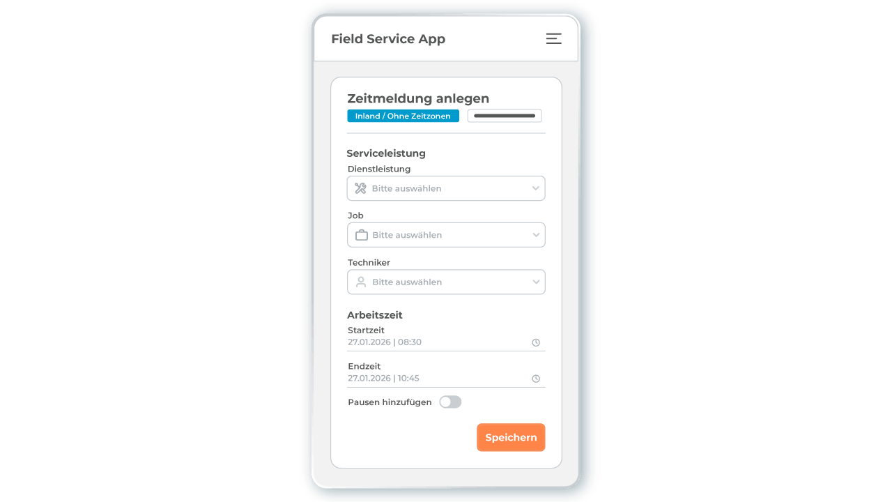 Mobile Ansicht der Field Service Management Software L-mobile service in Form der Field Service App, mobile Zeiterfassung des Serviceeinsatzes Mobile Ansicht der Field Service Management Software L-mobile service in Form der Field Service App, mobile Zeiterfassung des Serviceeinsatzes