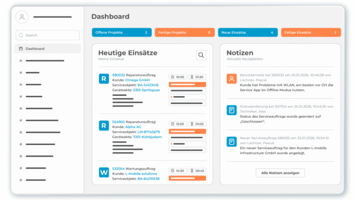 Dashboard der Field Service Management Software L-mobile service mit zentraler Übersicht über anstehende Serviceeinsätze und Projekte Dashboard der Field Service Management Software L-mobile service mit zentraler Übersicht über anstehende Serviceeinsätze und Projekte