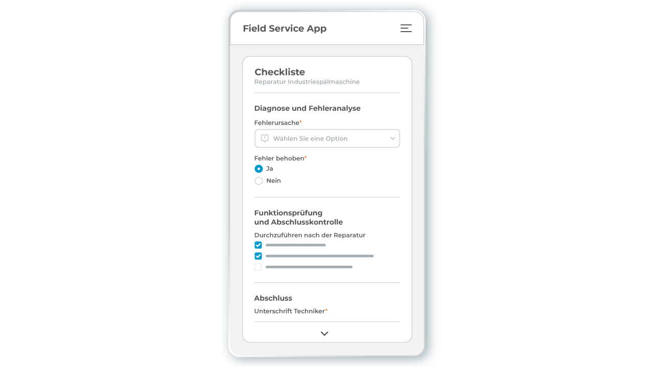 Eine dynamische und digitale Checkliste in der Field Service App L-mobile service, die im Serviceauftrag hinterlegt ist und vom Techniker mobil abgearbeitet werden kann Eine dynamische und digitale Checkliste in der Field Service App L-mobile service, die im Serviceauftrag hinterlegt ist und vom Techniker mobil abgearbeitet werden kann