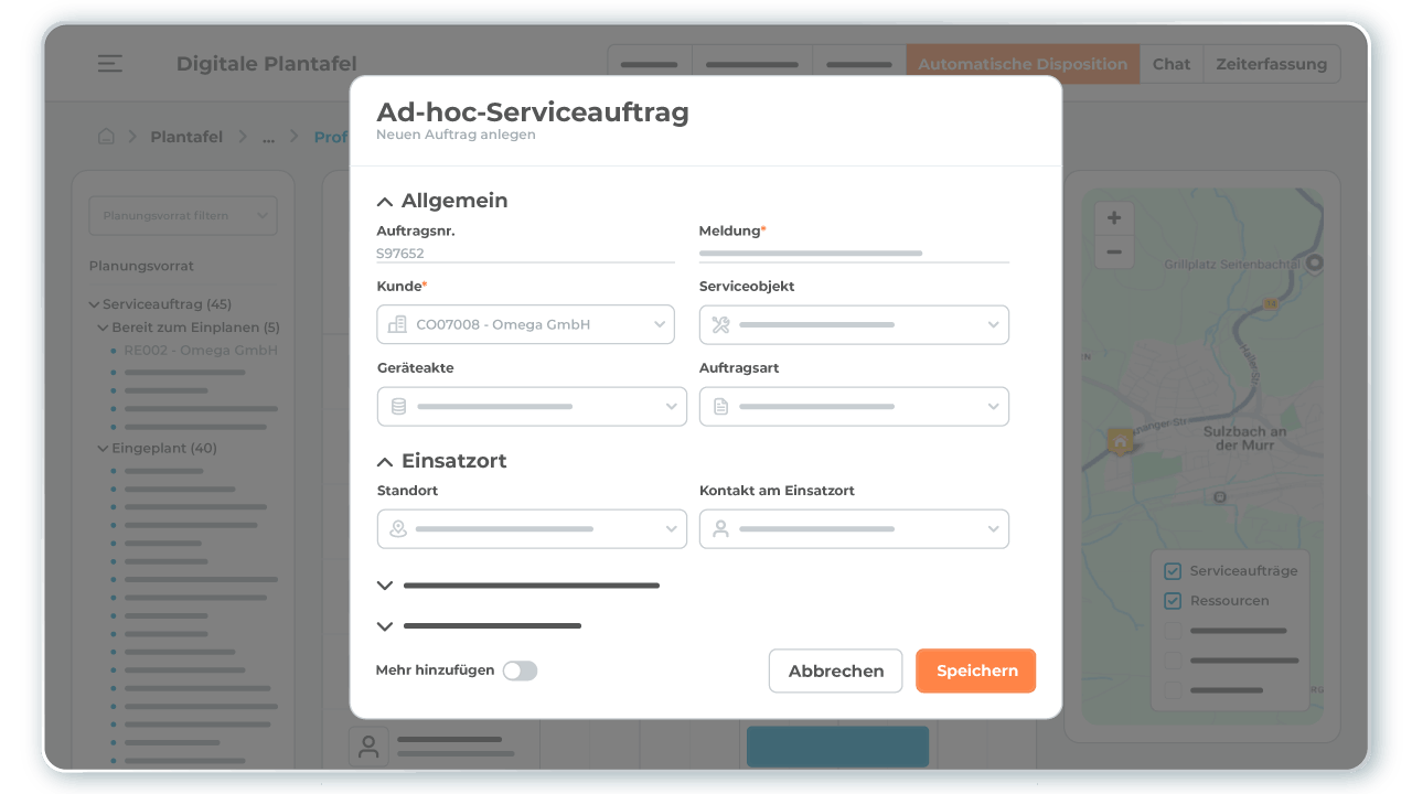Disponenten können Ad-hoc-Serviceaufträge direkt aus der digitalen Plantafel der Field Service Management Software L-mobile service erstellen Disponenten können Ad-hoc-Serviceaufträge direkt aus der digitalen Plantafel der Field Service Management Software L-mobile service erstellen