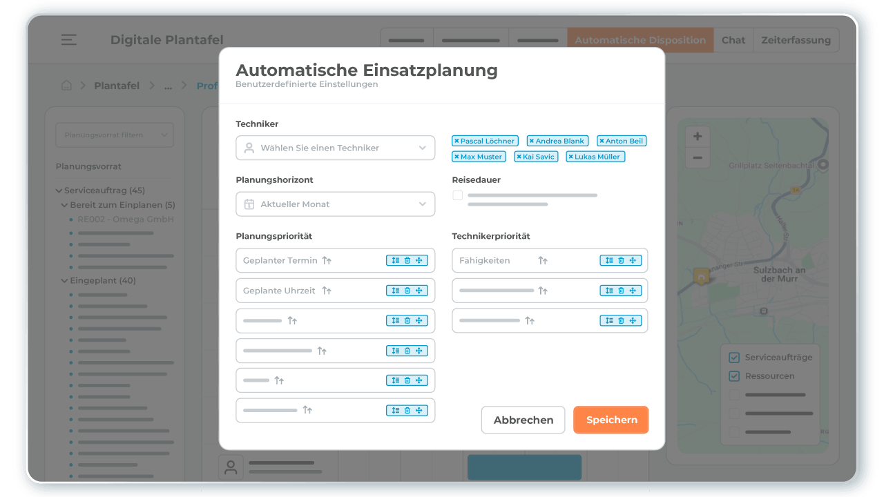l-mobile-service-plantafel-automatisierte-planung-desktop Automatisierte Einsatzplanung mit der Field Service Management Software L-mobile service basierend auf benutzerdefinierten Einstellungen zur Priorisierung der Planung