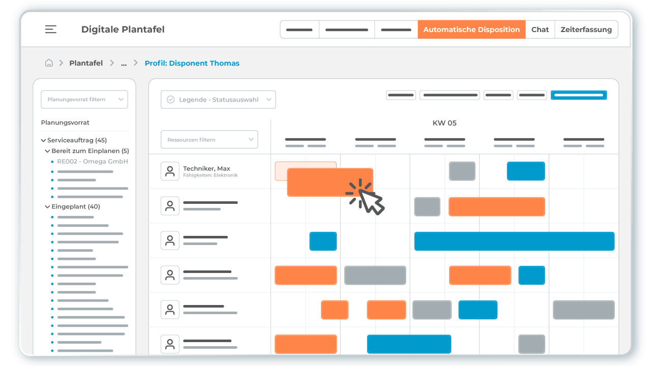 Mit der digitalen Plantafel von L-mobile service lässt sich die digitale Einsatzplanung manuell, halbautomatisiert oder vollautomatisiert durchführen Mit der digitalen Plantafel von L-mobile service lässt sich die digitale Einsatzplanung manuell, halbautomatisiert oder vollautomatisiert durchführen