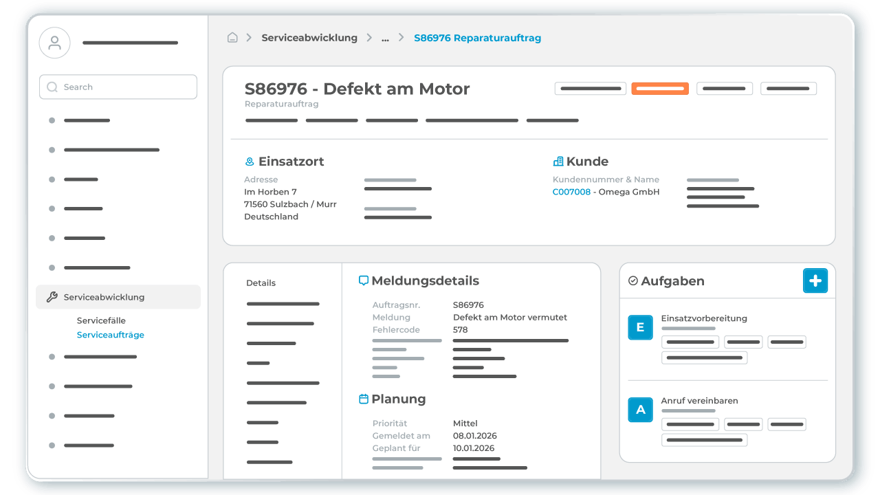 Übersicht eines Serviceauftrags in der Field Service Management Software L-mobile service, Detailinformationen zum Einsatz für das Auftragsmanagement im Innendienst
