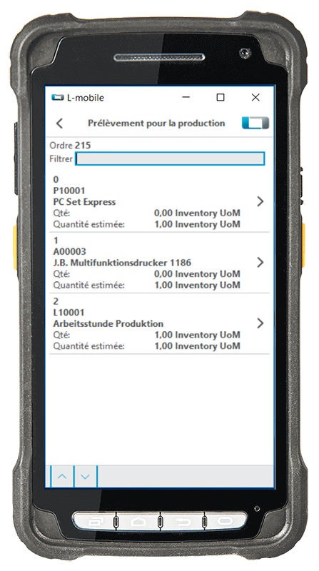 l-mobile-warehouse-ready-for-sap-business-one-entnahme-fuer-produktion L-mobile, logistique d'entrepôt numérisée, entrepôt, SAP Business One, prélèvement production, scanner de codes-barres mobile