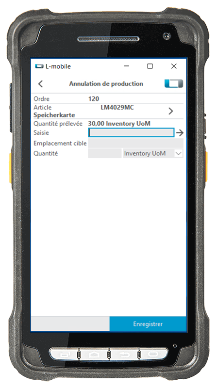 l-mobile-warehouse-ready-for-sap-business-one-storno-produktion L-mobile, logistique d'entrepôt numérisée, entrepôt, SAP Business One, annulation de production, scanner de codes-barres mobile