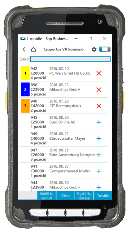 Scanner_Deviceansicht_SBO_Muti-KA-Kommi_2.Auswahl der Aufträge Multikomissiózás SAP Business One számára – 2. lépés: Megrendelések kiválasztása