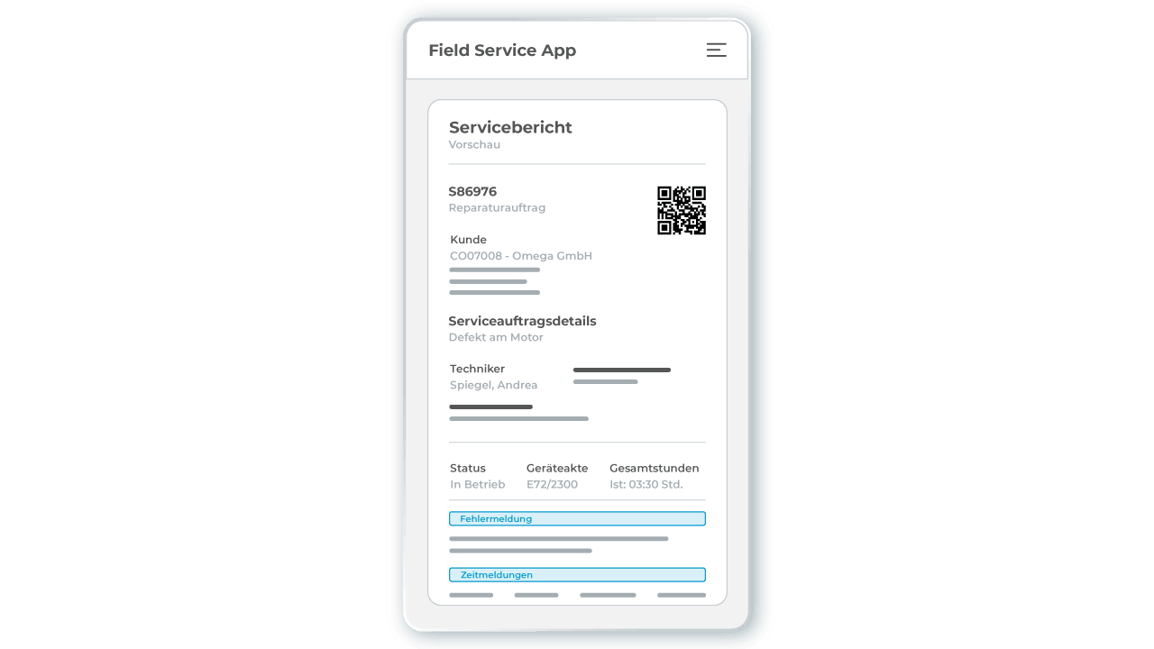 l-mobile-service-field-service-app-servicebericht-smatphone Informe de servicio digital generado automáticamente en la aplicación de servicio de campo L-mobile service, creado a partir de informes de material, informes de tiempo y otra información registrada por el técnico
