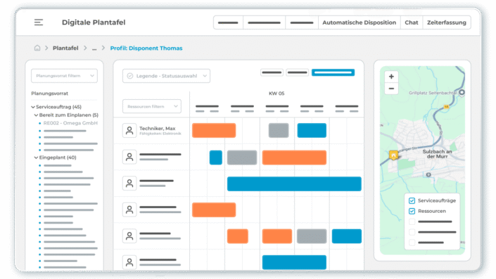 l-mobile-service-plantafel-mit-karte-bunt L-mobile service tablero de planificación digital del software Field Service Management para una programación optimizada de recursos con diagrama de Gantt, grupo de planificación y vista de mapa