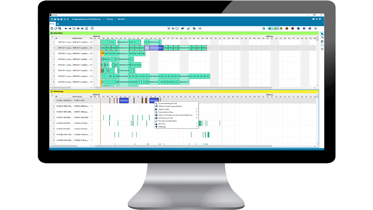 Optimierte_Fertigungsplanung_Maschinen_und_Werkzeugansicht L-mobile Producción digitalizada Planificación de la producción APS Planificación optimizada de la producción Máquinas y herramientas Vista
