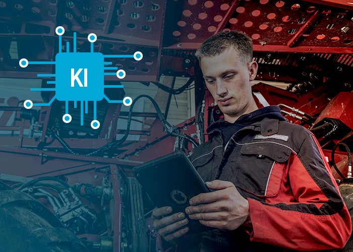 KI im Service Servicetechniker hält Tablet mit KI-Assistenz