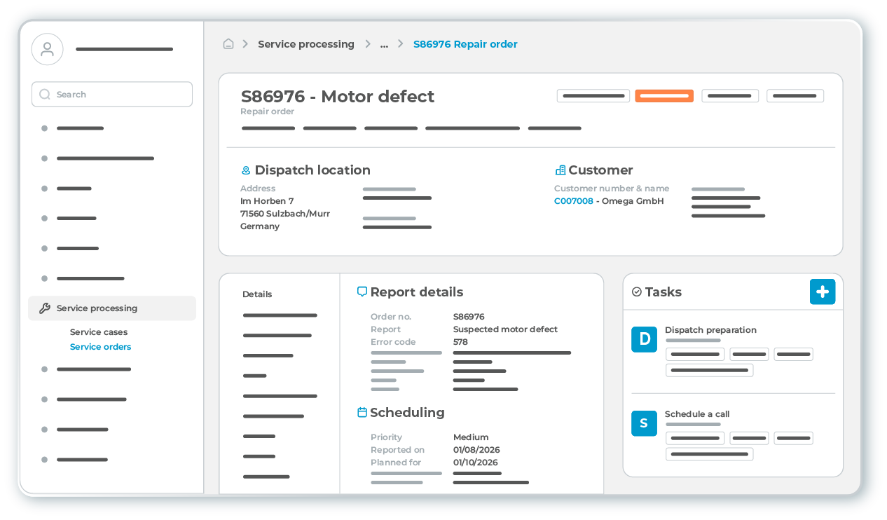 l-mobile-service-reparaturauftrag-details Overview of a service order in the field service management software L-mobile service, detailed information on the use of order management in internal sales