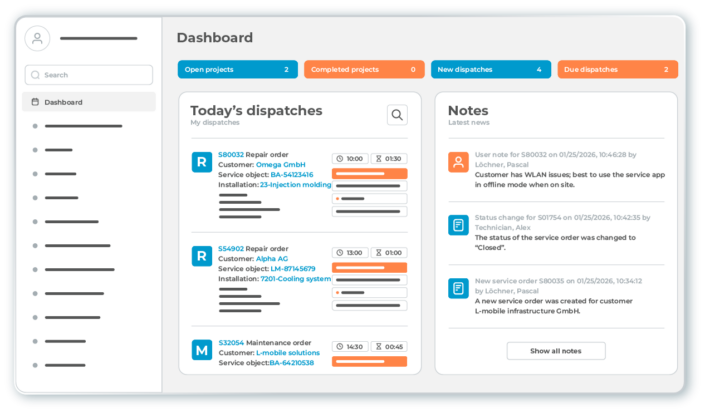l-mobile-service-dashboard Dashboard of the L-mobile service field service management software: a centralized overview of service calls