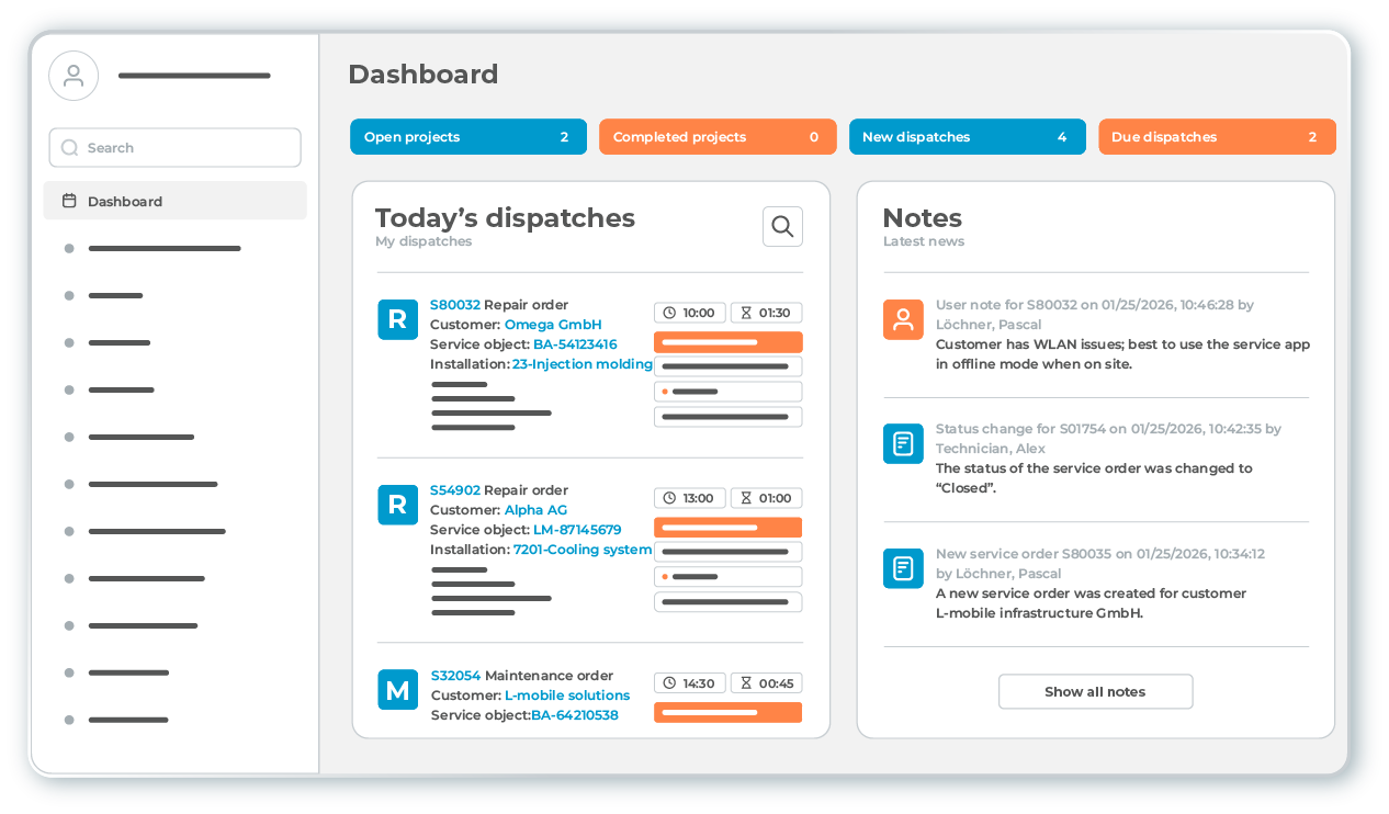 l-mobile-service-dashboard Dashboard of the L-mobile service field service management software: a centralized overview of service calls