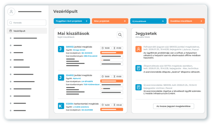 l-mobile-service-dashboard Az L-mobile service terepi szolgáltatáskezelő szoftver irányítópultja, amely központi áttekintést nyújt a szervizbevetésekről