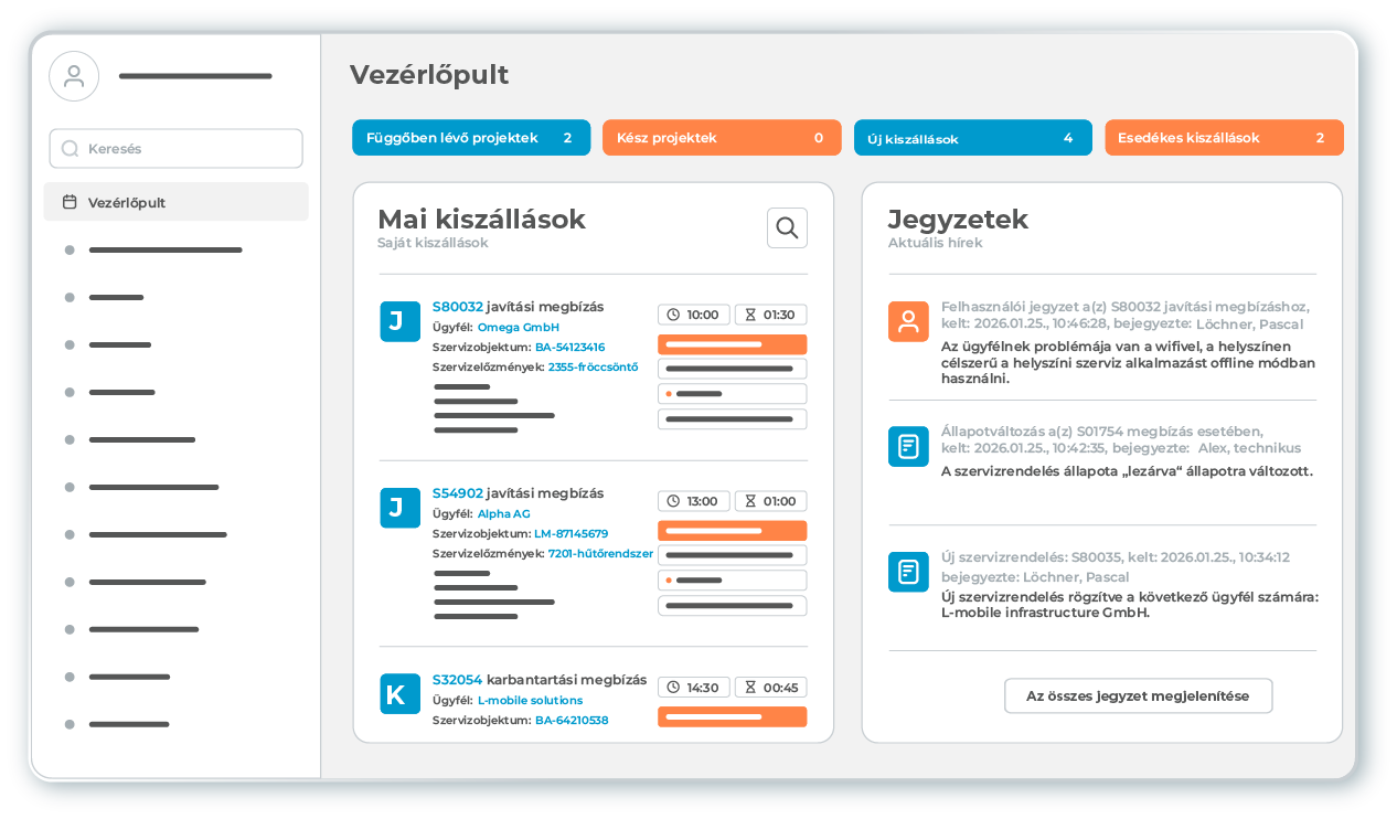 l-mobile-service-dashboard Az L-mobile service terepi szolgáltatáskezelő szoftver irányítópultja, amely központi áttekintést nyújt a szervizbevetésekről