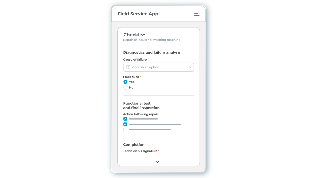 l-mobile-service-field-service-app-checkliste-smatphone A dynamic, digital checklist in the L-mobile service field service app, which is stored in the service order and can be completed by the technician on the go