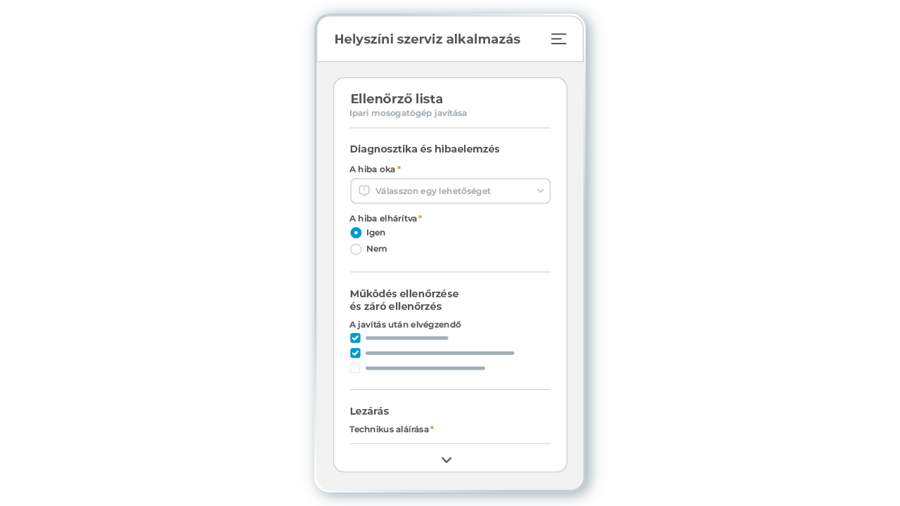 l-mobile-service-field-service-app-checkliste-smatphone Egy dinamikus és digitális ellenőrzőlista az L-mobile service terepi szervizalkalmazásban, amely a szervizmegbízásban van rögzítve, és amelyet a technikus mobil eszközéről dolgozhat végig