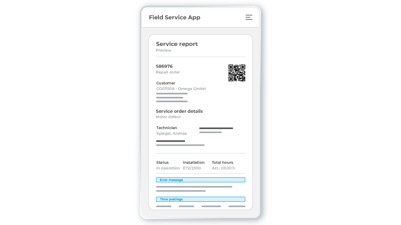 l-mobile-service-field-service-app-servicebericht-smatphone An automatically generated digital service report in the field service app L-mobile service, created from material reports, time reports, and other information recorded by the technician