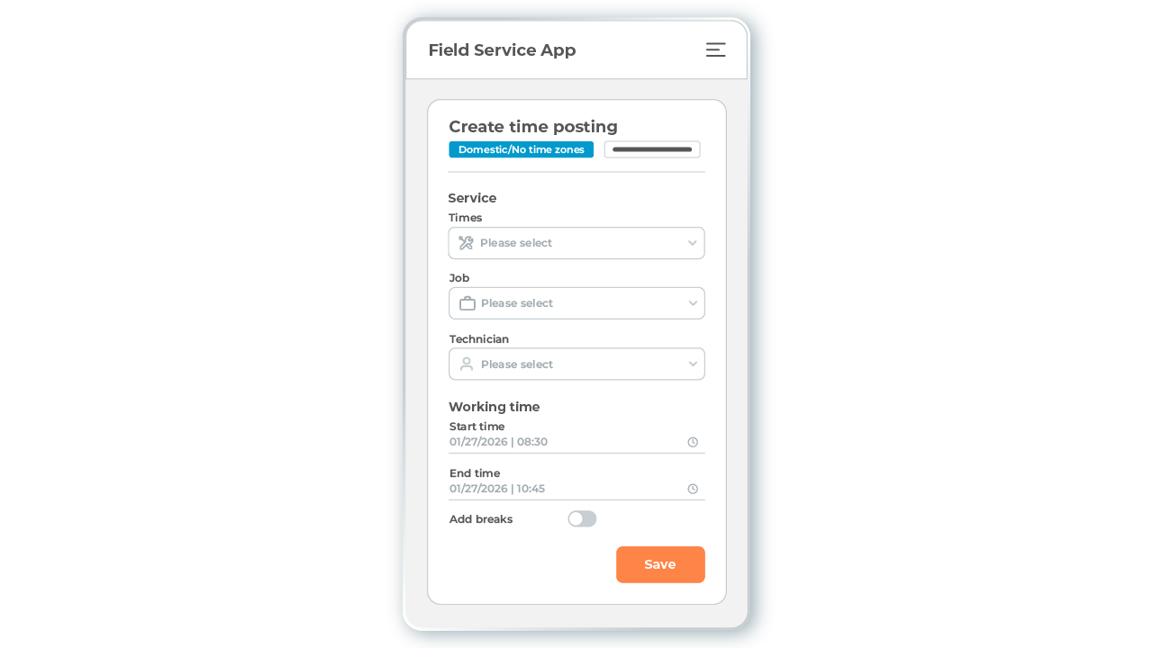 l-mobile-service-auftrag-zeitmeldung-smartphone Mobile view of the L-mobile service field service management software in the form of the Field Service app; mobile time tracking for service calls