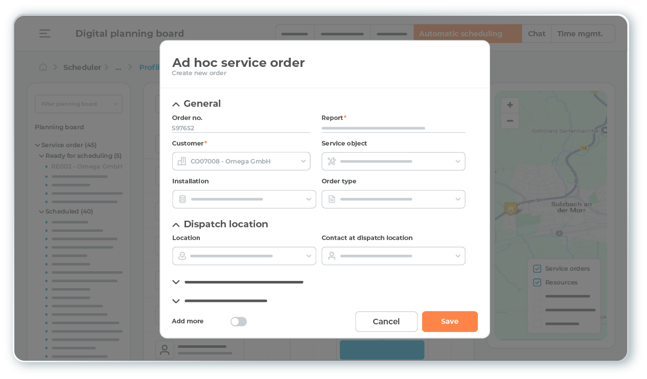 l-mobile-service-plantafel-adhoc-auftrag-desktop Dispatchers can create ad hoc service orders directly in the digital planning board of the Field Service Management Software L-mobile service