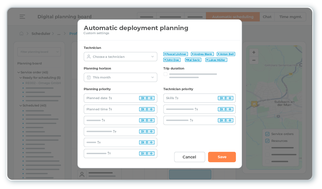 l-mobile-service-plantafel-automatisierte-planung-desktop Automated scheduling with the L-mobile service field service management software, based on user-defined settings for prioritizing the schedule