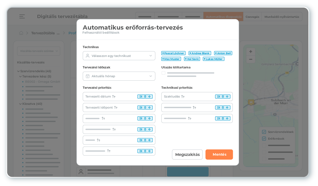 l-mobile-service-plantafel-automatisierte-planung-desktop Automatizált bevetés-tervezés az L-mobile service terepi szolgáltatáskezelő szoftver segítségével, a tervezés prioritásainak felhasználó által meghatározott beállításai alapján