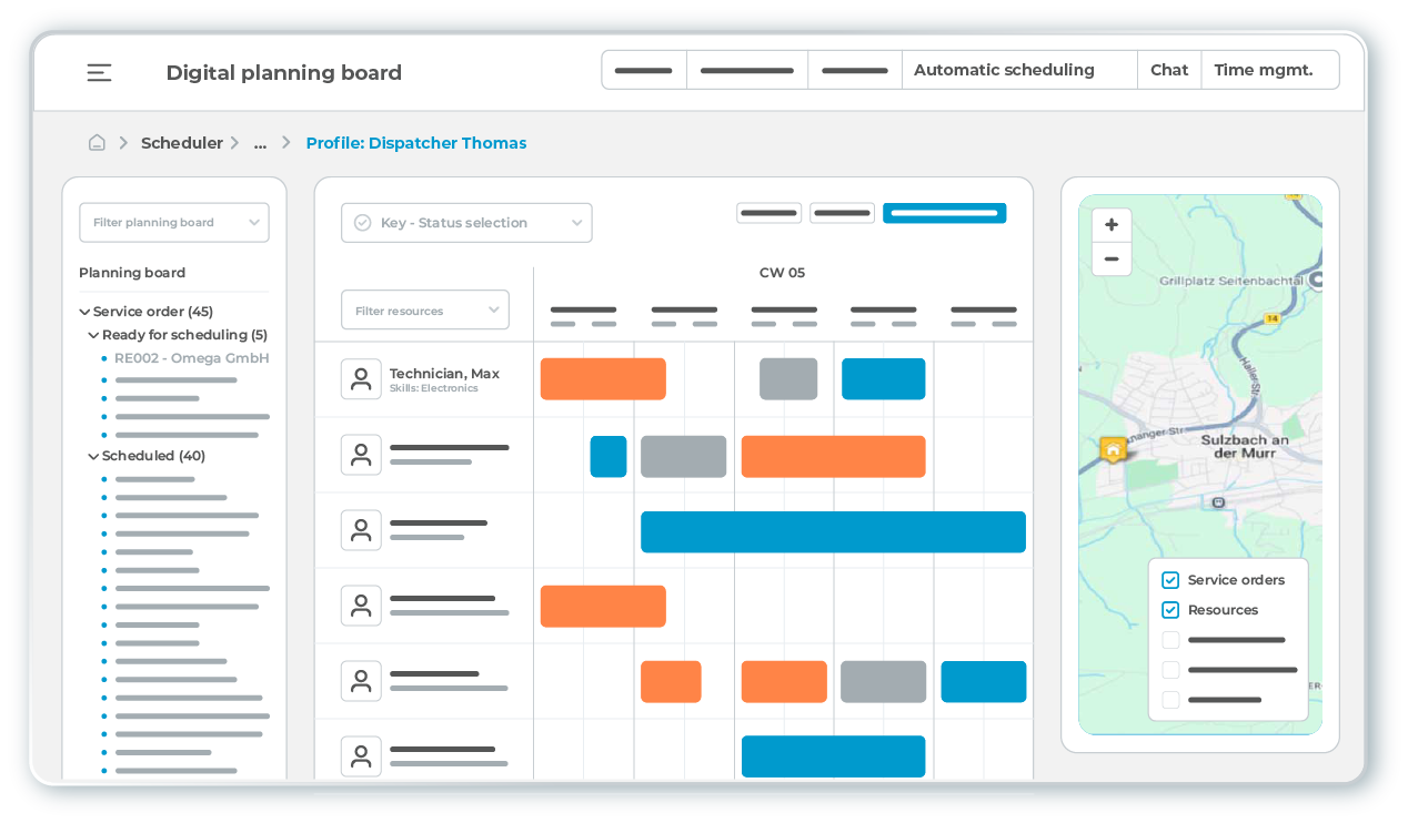 l-mobile-service-plantafel-mit-karte-bunt L-mobile service digital planning board of the Field Service Management software for resource-optimized scheduling with Gantt chart, planning pool, and map view