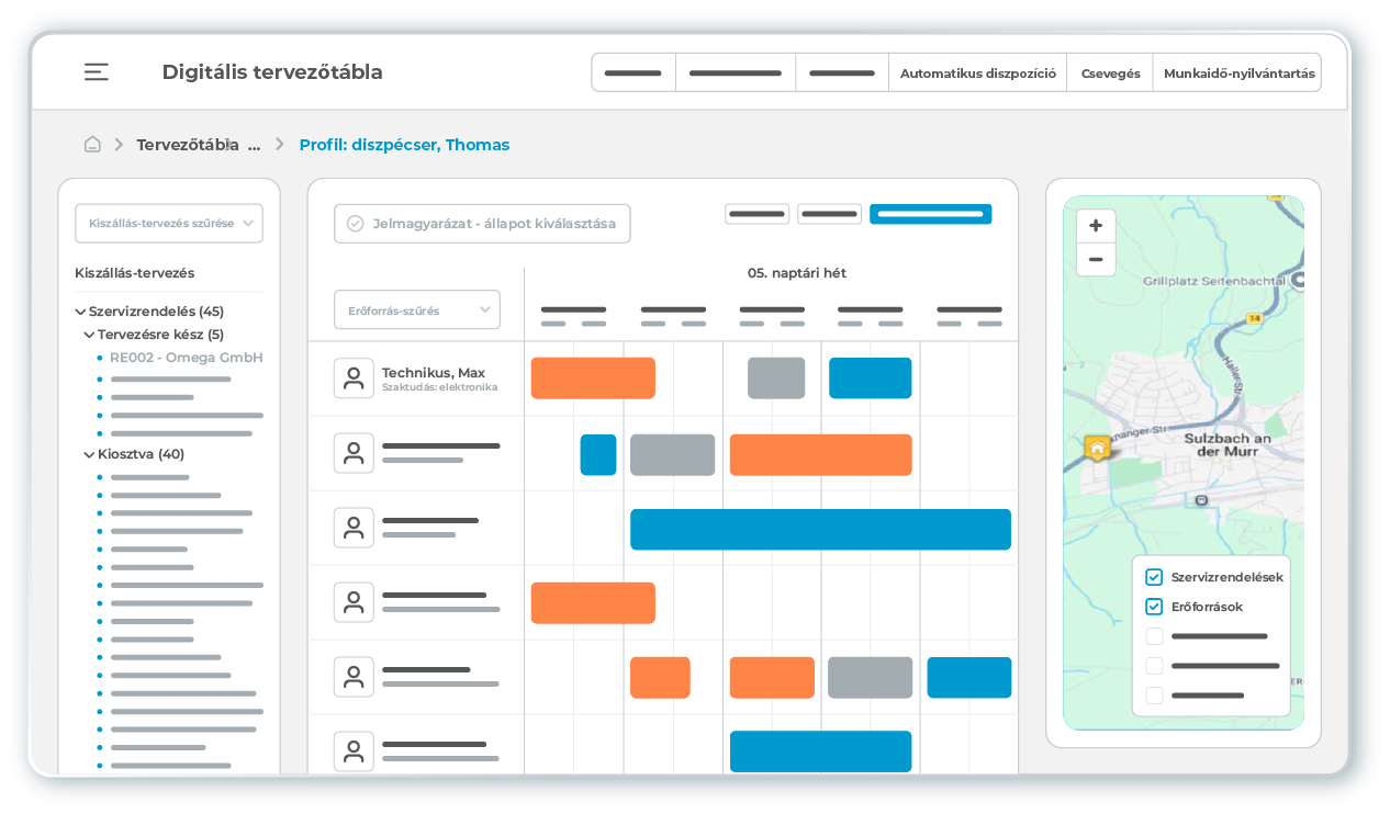 l-mobile-service-plantafel-mit-karte-bunt L-mobile service: a Field Service Management szoftver digitális tervezőtáblája az erőforrás-optimalizált ütemezéshez Gantt-diagrammal, tervezési pool-lal és térképnézettel